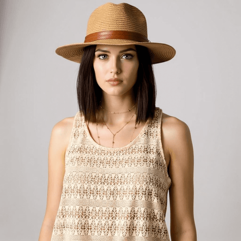 brown straw classic panama sun hat with wide brim and double leather strap – summer resort wear sun protection, foldable 