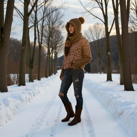 Pom Pom Fur Knitted Hooded Scarf fleece lined beanie hood scarf combo with plush pom poms in brown black or pink winter neck warmer