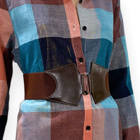 Leather slider corset belt front view with brown panel and buckle