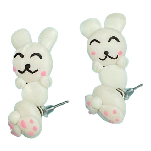 White Bunny Rabbit Pink Cheeks, Paws, Clay  Cartoon Cute Anime Post Earrings -OS - Wild Time Fashion