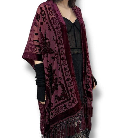 Fringe floral velvet kimono jacket with semi-sheer burnout floral velvet, open front, oversized sleeves, and long tassel fringe in multiple color options burgundy red