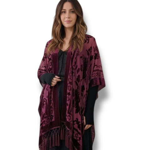 Fringe floral velvet kimono jacket with semi-sheer burnout floral velvet, open front, oversized sleeves, and long tassel fringe in multiple color options burgundy red