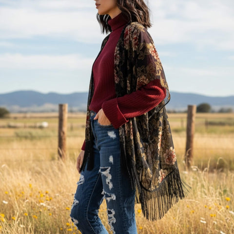 woman wearing a red floral velvet black fringe kimono jacket with burnout roses