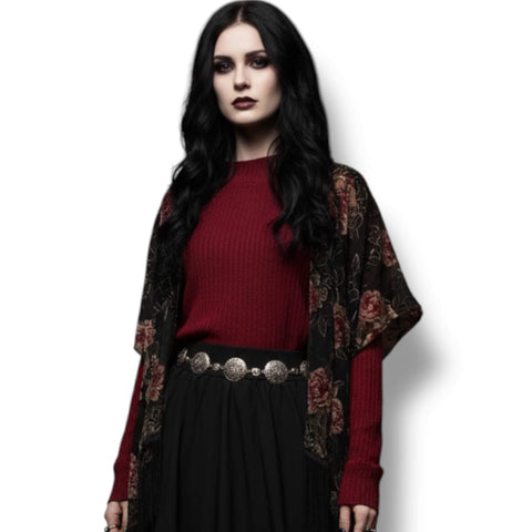 woman wearing a red floral velvet black fringe kimono jacket with burnout roses