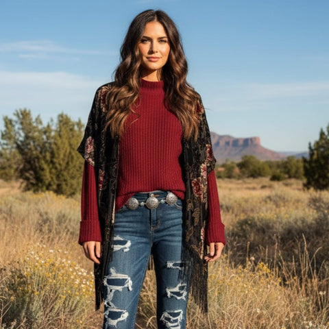 woman wearing a red floral velvet black fringe kimono jacket with burnout roses