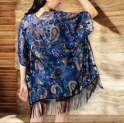 Bohemian Floral Paisley Kimono Jacket black,blue,gold with fringe hem and open front cardigan