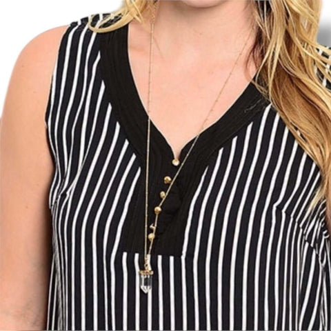 Plus Black White Striped Sleeveless V-Neck Blouse a-line design with embroidered neckline and gold button front 2X or 3X