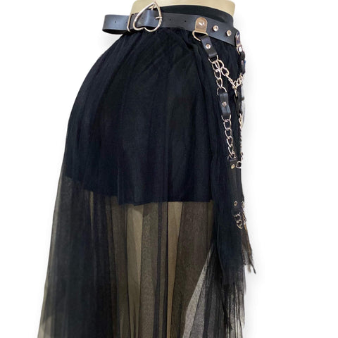 Black Leather Long Chain Draped Belt with upside-down heart buckle, crystals, and silver o-ring chain details festival waist belt side view