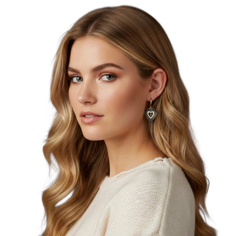 Black and white enamel heart charm earrings with small gold-tone huggie hoops