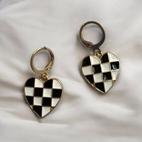 Black and White Heart Drop Earrings