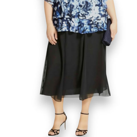 Black Flowy Chiffon Midi Skirt pull on elastane waist a-line tulle plus size 2X