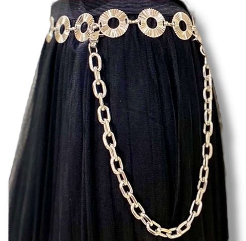 Multi-Layer Silver Pants Chains silver chunky chain pants chain on black skirt and silver round link belt