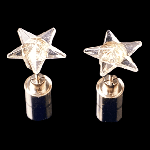 Clear LED light up star stud earrings glowing in solid and flashing modes, festival-ready unisex jewelry.