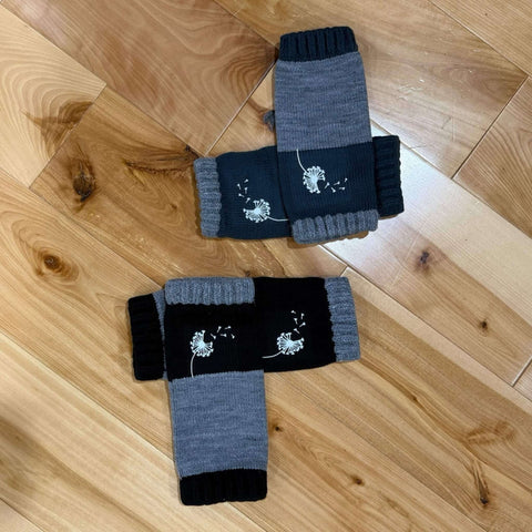 Wishes knit wrist warmers mitts with white dandelion seed motif, color block fingerless gloves with thumb holes for winter layering