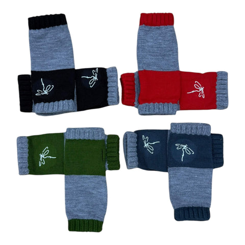 Color block knit arm warmers with dragonfly motif fingerless gloves thumb hole cozy winter accessory