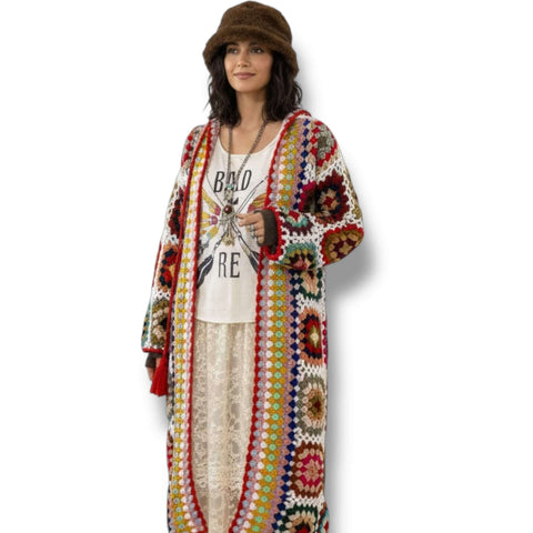 Granny Square Crochet Long Cardigan with Hood full length open stitch womans patchwork long colorful floral duster jacket