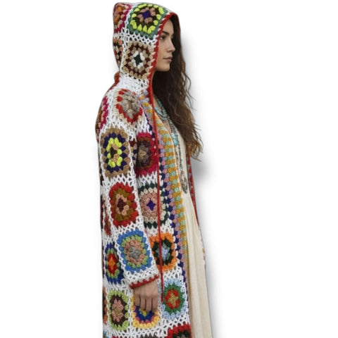 Granny Square Crochet Long Cardigan with Hood full length open stitch womans patchwork long colorful floral duster jacket