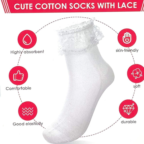 White lace ruffle cotton ankle socks scalloped lace topper diamond textured cotton footbed feminine coquette kawaii balletcore one size shoe 5 to 9