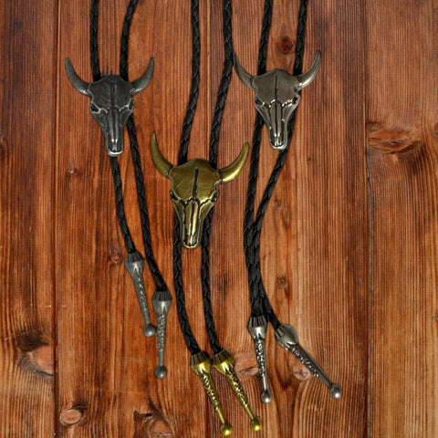 Wild West Bull Skull Cowboy Tie in antique silver, antique gold or silver tone adjustable one size bolo tie genderless necktie! 