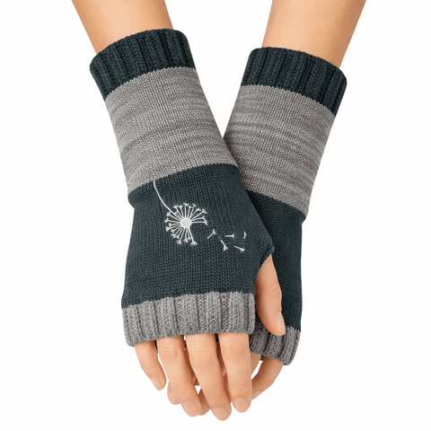 Wishes knit wrist warmers mitts with white dandelion seed motif, color block fingerless gloves with thumb holes for winter layering
