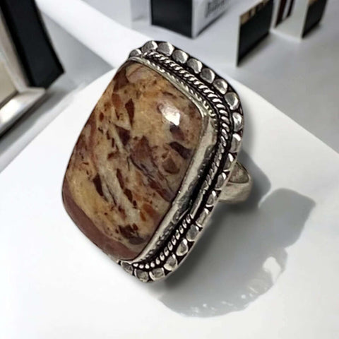 Natural Jasper statement ring with rectangular Crazy Horse Jasper stone in red, brown, and tan tones set in sterling silver rope bezel