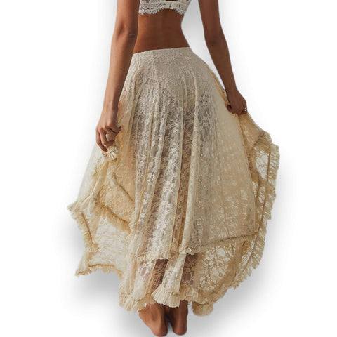 Cream floral lace ruffle midi skirt with asymmetrical hemline, elastic waistband, high side split, and layered boho-western style design.