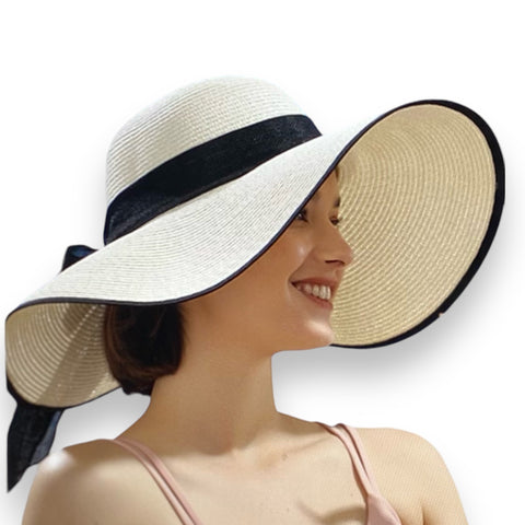 Women's Wide Brim Black Linen Bow Trim Sun Hat