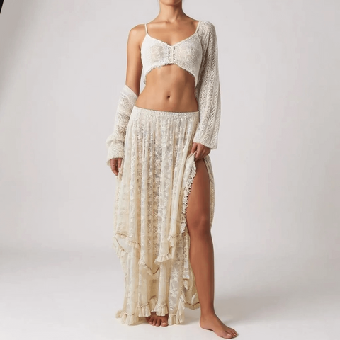 Cream floral lace ruffle midi skirt with asymmetrical hemline, elastic waistband, high side split, and layered boho-western style design.