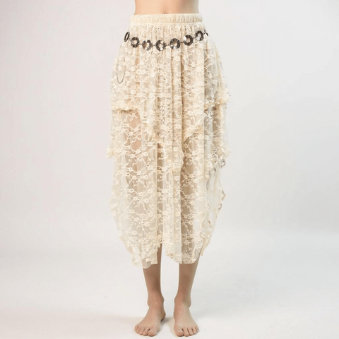 Cream floral lace ruffle midi skirt with asymmetrical hemline, elastic waistband, high side split, and layered boho-western style design.
