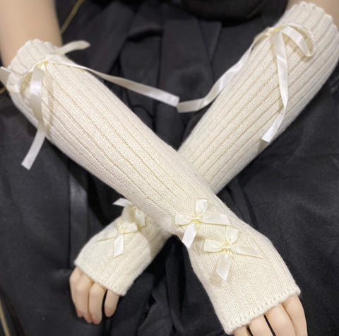 Ribbons Arm Sleeve Knit Gloves white on white arm cover
