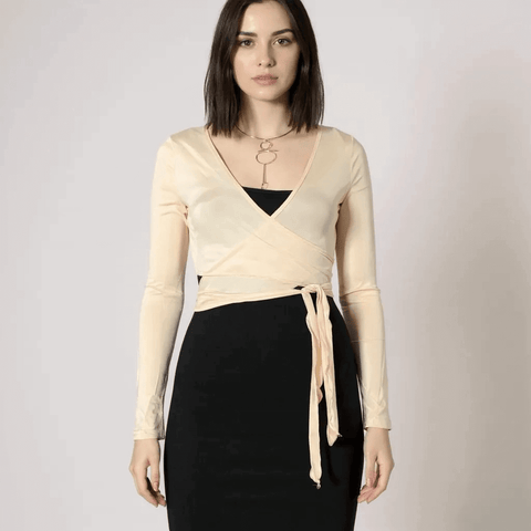 Long Sleeve Cropped Waist Wrap Top with tie front bolero shrug fit in cream or black with semi-sheer stretch fabric and V neckline