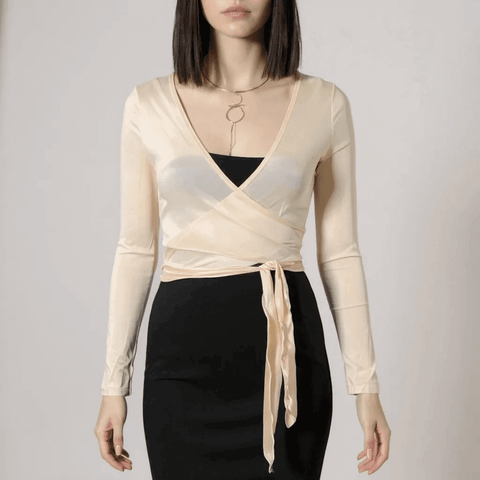 Long Sleeve Cropped Waist Wrap Top with tie front bolero shrug fit in cream or black with semi-sheer stretch fabric and V neckline