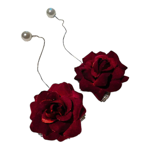 Women's Elegant Crimson Velvet Rose Threader Silver Faux Pearl Dangling Earrings - 5.25" Long -Wild Time Fashion