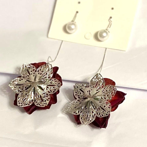 Women's Elegant Crimson Velvet Rose Threader Silver Faux Pearl Dangling Earrings - 5.25" Long -Wild Time Fashion