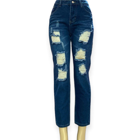 Mid rise distressed cropped jeans in dark blue non-stretch cotton denim