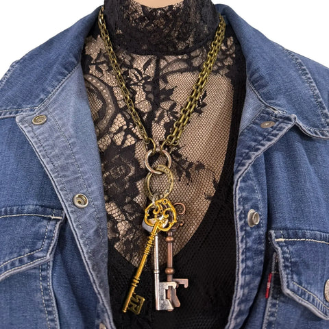 Custom layered skeleton key chain necklace with detachable oversized keys and central metal ring /  bronze