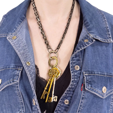 Custom layered skeleton key chain necklace with detachable oversized keys and central metal ring / gunmetal gray