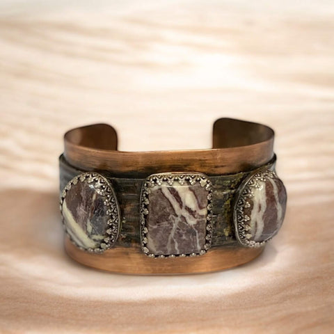 Three Stone Wild Horse Jasper Wide Cuff Bracelet with Sterling Silver and Hand-Hammered Black Matte Copper Base