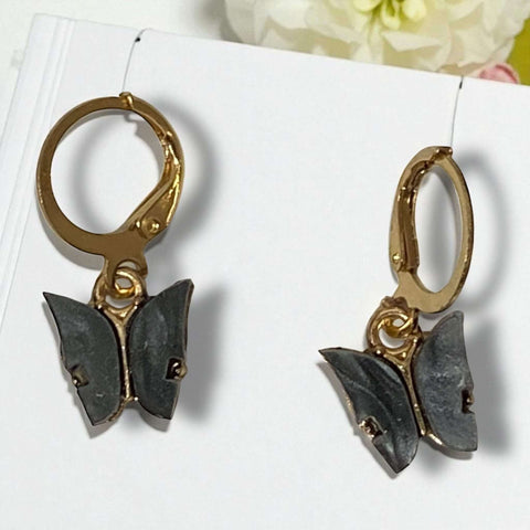 charcoal gray and gold leverback hoop dangle earrings