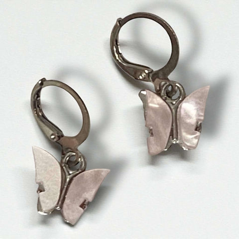 dainty butterfly lavender and silver lever back hoop dangle earrings