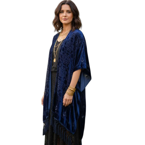 Dark blue fringe velvet duster kimono jacket in Midnight Indigo with embroidered Celtic knot design, open front, relaxed sleeves, and tassel fringe trim