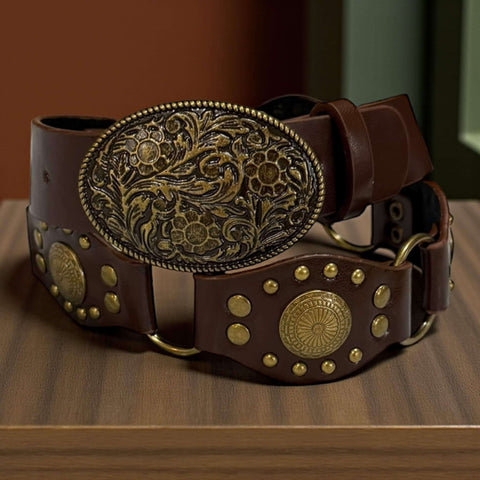 dark brown faux leather boho western medallion belt with antique gold floral engraved oval buckle studded rivets and O-ring links