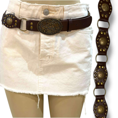 dark brown faux leather boho western medallion belt with antique gold floral engraved oval buckle studded rivets and O-ring links