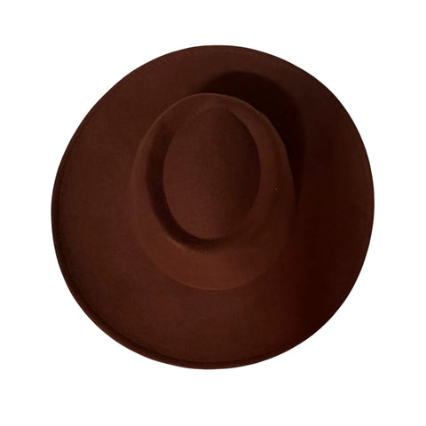 Dark brown wide brim felt fedora hat with flat round crown and structured 3.5-inch brim