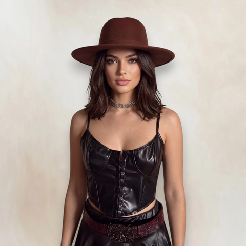 Dark brown wide brim felt fedora hat with flat round crown and structured 3.5-inch brim/ unisex / one size