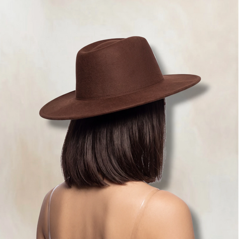 Dark brown wide brim felt fedora hat with flat round crown and structured 3.5-inch brim/ M/L / unisex