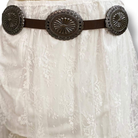 Western Silver Oval Floral Links Belt dark brown strap antique silver concho belt