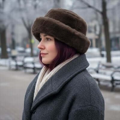 women’s soft faux fur winter bucket hat plush fluffy reversible with 2.5 inch brim in winter white dark brown or black streetwear headwear