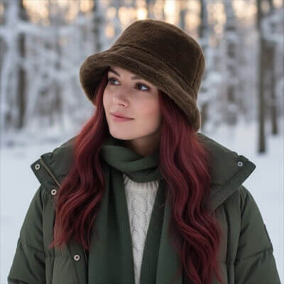 women’s soft faux fur winter bucket hat plush fluffy reversible with 2.5 inch brim in winter white dark brown or black streetwear headwear