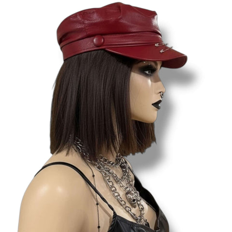 Unisex Faux Leather Baker Boy Hat stiff curve brim button accent beige, dark red, and black - one size